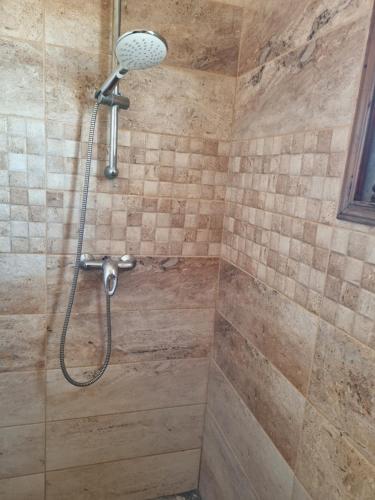 a shower with a shower head in a bathroom at Dar Eva in Aghīr