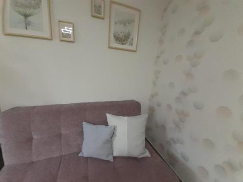 a couch with two pillows in a living room at Haus Mühlenbach in Mechernich