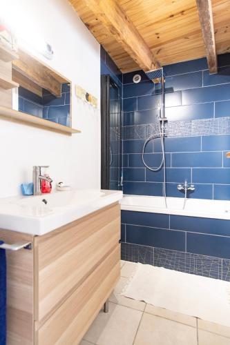 La salle de bains est pourvue de murs bleus, d'un lavabo et d'une douche. dans l'établissement Le Clos de Chenac, à Chenac-sur-Gironde