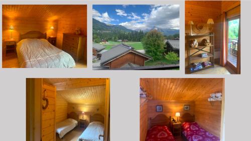 un collage de cuatro fotos de un dormitorio en Chalet Bois de champelle 6/8 personnes, en Morillon