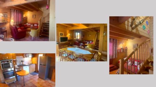 three pictures of a kitchen and a living room at Chalet Bois de champelle 6/8 personnes in Morillon