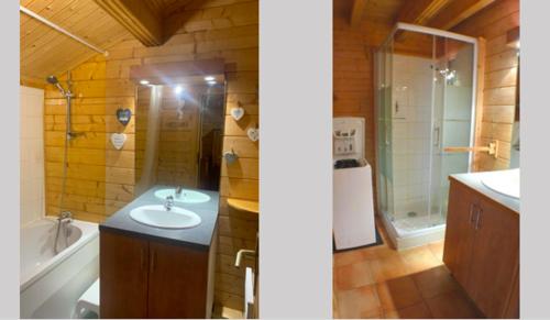 2 fotos de un baño con lavabo y ducha en Chalet Bois de champelle 6/8 personnes, en Morillon