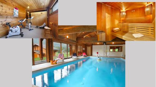 a large swimming pool in a wooden house at Chalet Bois de champelle 6/8 personnes in Morillon