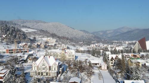 una ciudad cubierta de nieve con montañas en el fondo en Willa Granit en Krościenko