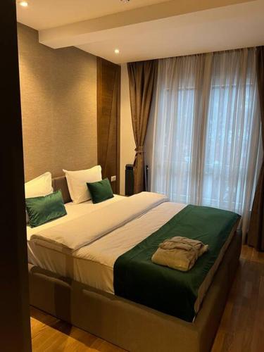 Un dormitorio con una cama con almohadas verdes y una ventana en Eagle forest_ Modern Mountain 2, en Kolašin