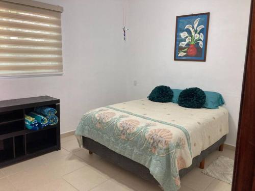 Meyahualco的住宿－The Bridge Apartment，一间卧室配有一张带两个枕头的床