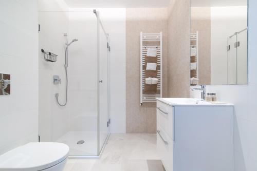 a bathroom with a shower and a toilet and a sink at artROOM in Kazimierz Dolny