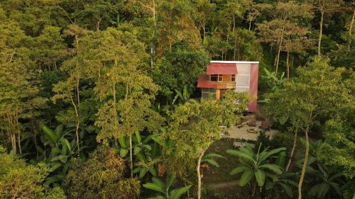 an aerial view of a house in the middle of a forest at Monte La MaMa Ecolodge in Viotá