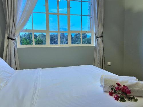 a bedroom with a white bed with a window at Daria Apartment -Burka -3 minutes from Arusha Airport in Arusha