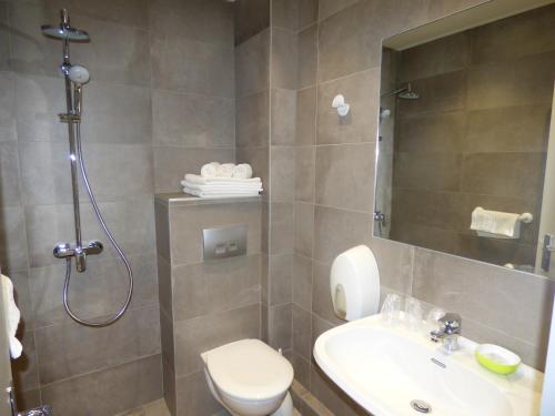 a bathroom with a toilet and a sink and a shower at Auberge des Avenières in Les Avenières