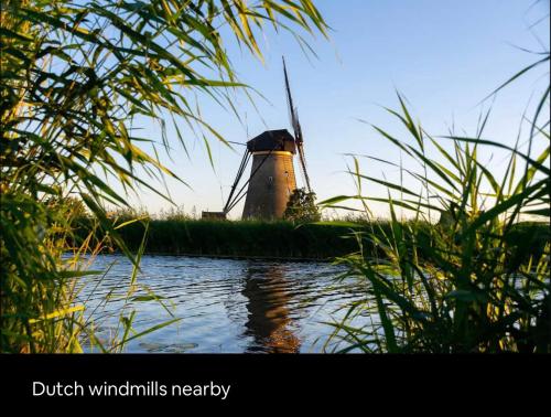a windmill in the middle of a river with grass at Wellness bungalow with jacuzzi &sauna&private garden near Amsterdam in Vijfhuizen