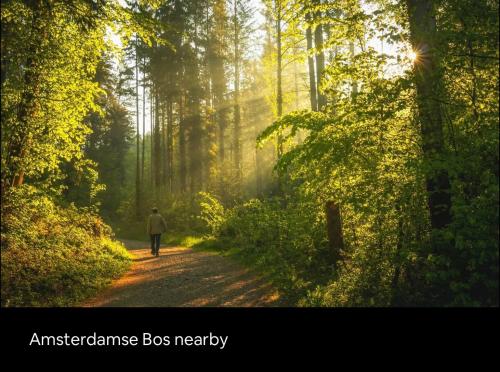 a person walking down a dirt road in a forest at Wellness bungalow with jacuzzi &sauna&private garden near Amsterdam in Vijfhuizen