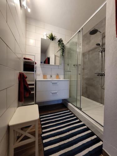 een badkamer met een douche, een wastafel en een toilet bij Ferienwohnung am Dabor in Radenthein
