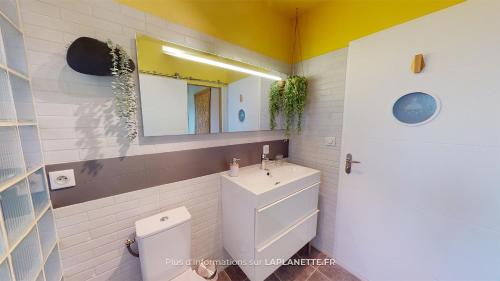 a bathroom with a toilet and a sink and a mirror at LA PLANETTE in Aussonne