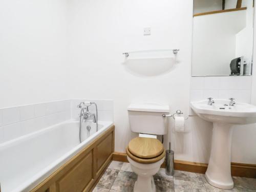 a bathroom with a toilet and a sink and a tub at High Trees in Sandbach