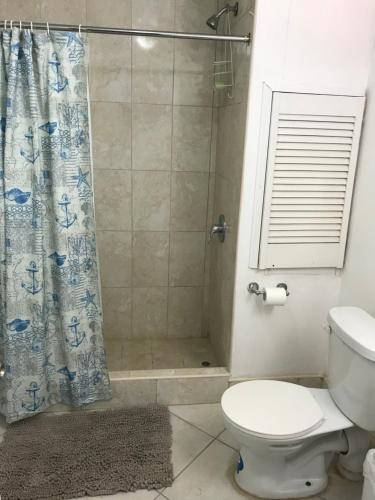 a bathroom with a toilet and a shower at 1B Hastings Towers in Bridgetown