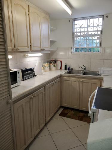 布里奇敦的住宿－1B Hastings Towers，一个带木制橱柜和水槽的厨房