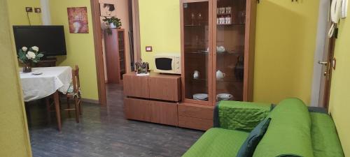 un soggiorno con divano verde e TV di Cà Pinotta a Miazzina