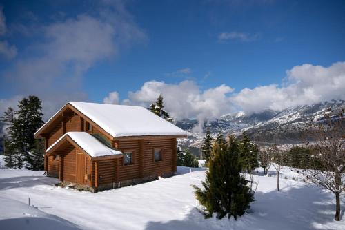 a small wooden cabin in the snow with a mountain at The Flysch in Miríki