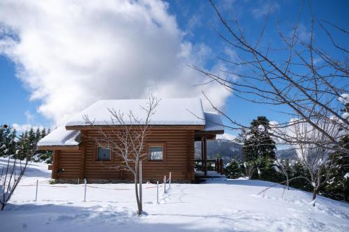a log cabin in the snow at The Flysch in Miríki