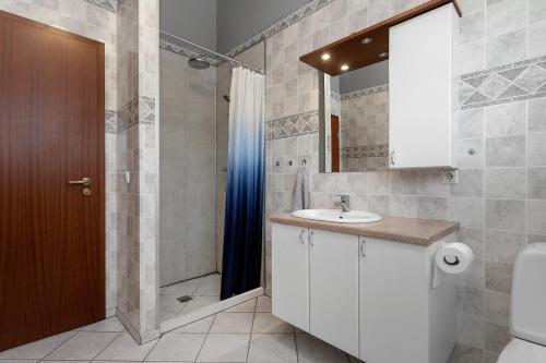 uma casa de banho com um lavatório, um WC e um espelho. em Iceland Inn Lodge, entire place with hot tub. em Selfoss