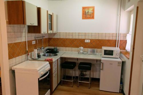Kuchyň nebo kuchyňský kout v ubytování Borostyán Apartmanház