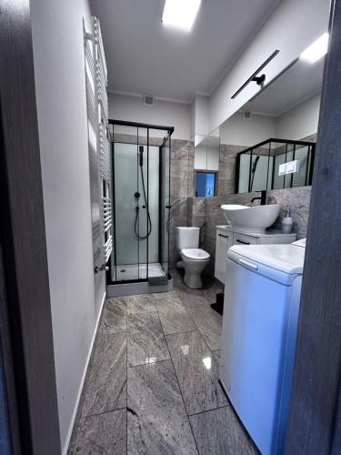 een badkamer met 2 toiletten, een douche en een wastafel bij Apartament Walczaka 43 MIEJSCE PARKINGOWE in Gorzów Wielkopolski