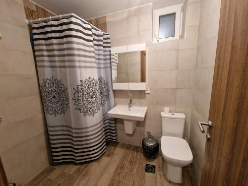 a bathroom with a toilet and a sink and a shower curtain at Mavrovo ski apartment in Mavrovo