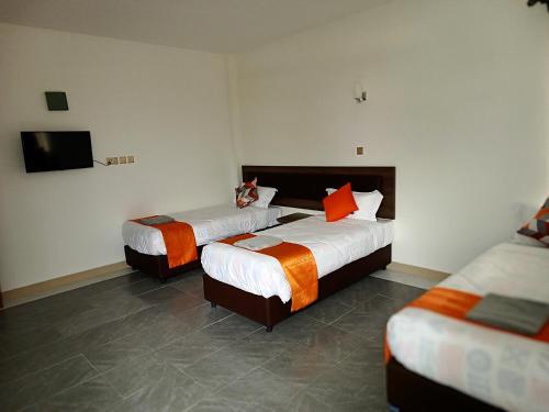 a hotel room with two beds and a flat screen tv at Eliper Hotel 