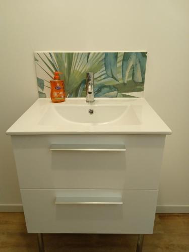 ein weißes Waschbecken mit einem Spiegel darüber in der Unterkunft NEUF Le Cocon Familial - Dormir Comme A La Maison - 