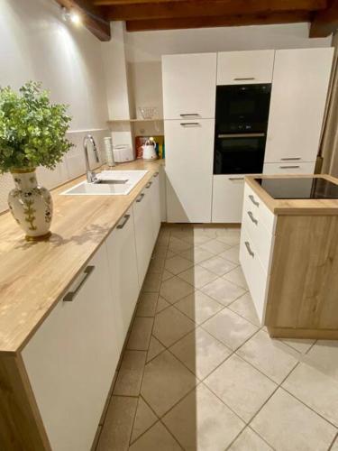 une cuisine avec des placards blancs et un vase avec une plante dans l'établissement Le Clos des deux chênes, à Coupelle-Vieille