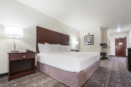 een hotelkamer met een groot bed en een bureau bij Cobblestone Hotel & Suites - Seward in Seward