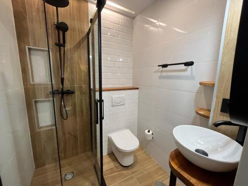 łazienka z prysznicem, toaletą i umywalką w obiekcie Chic4 luxury Gran via w Madrycie