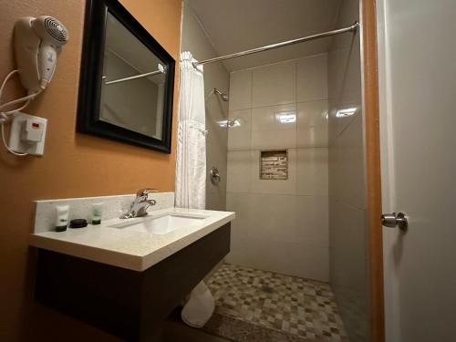 a bathroom with a sink and a shower at New Corral Motel in Victorville