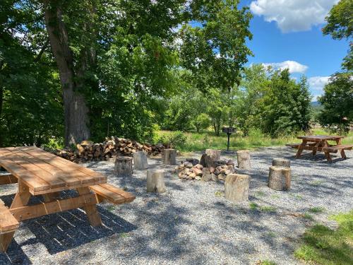 a group of picnic tables and logs in a park at Canal Cabins in Paw Paw