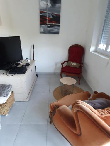 un salon avec une télévision et une chaise dans l'établissement Chez audrey, à Angoulême