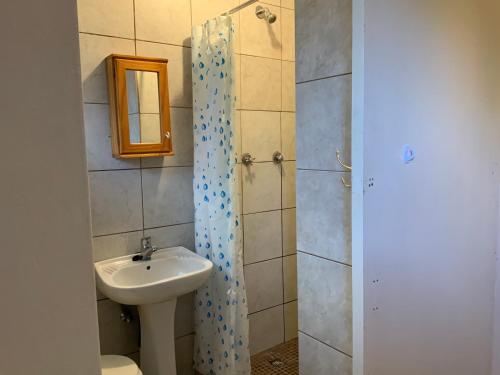 a bathroom with a sink and a toilet and a mirror at Coz Guesthouse in Randburg in Johannesburg