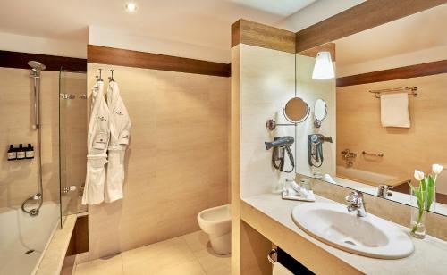 a bathroom with a sink and a shower and a toilet at NH Collection Palacio de Burgos in Burgos