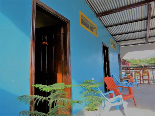 a blue room with a door and a plant and chairs at Hospedaje Siero in Moyogalpa