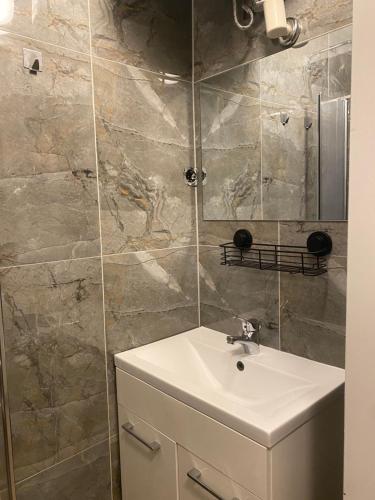 ein Bad mit einem Waschbecken und einem Spiegel in der Unterkunft Flatprovider HP Apartment in Wien
