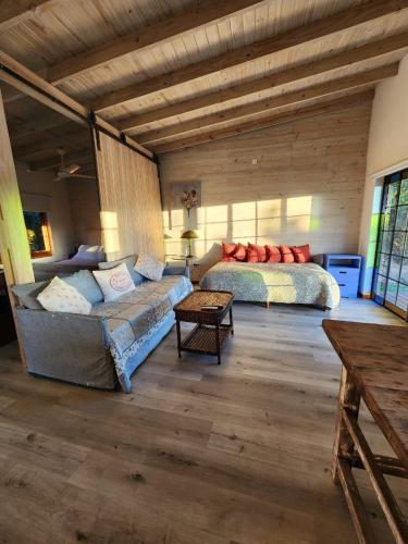 a living room with a couch and a bed at La Pelereca in Las Gaviotas