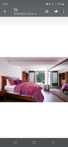 Un dormitorio con una cama con sábanas y ventanas púrpuras. en Casa coyo, en Ciudad de México
