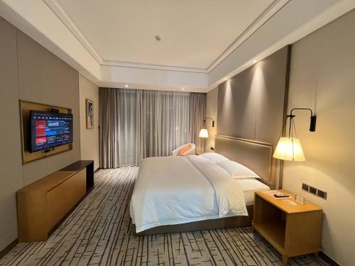 a hotel room with a large bed and a television at Guangzhou Nanhong Aust Hotel in Guangzhou