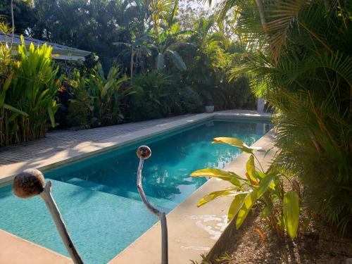 a swimming pool in the middle of a garden at Cote Pacific Casitas in Huacas