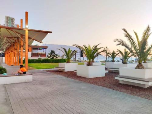 a person sitting on a bench in front of a building at Departamento a pasos de PLAYA BRAVA! Cavancha in Iquique