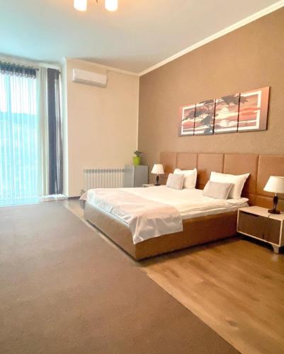 1 dormitorio con cama grande y ventana grande en Caravan Hotel, en Karakol
