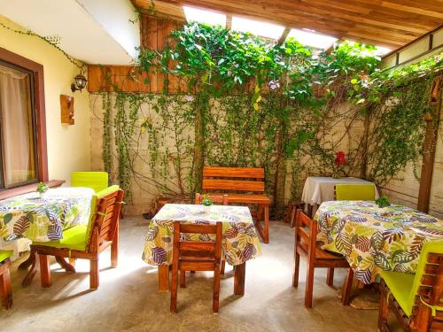 Habitación con 2 mesas, sillas y plantas en Cabinas Coco Alegre en Coco