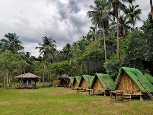 a row of huts in a field with palm trees at El Nido Beach Camp 