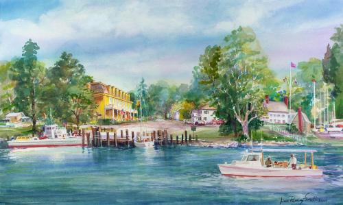 a painting of two boats in the water at Sandaway Suites & Beach in Oxford