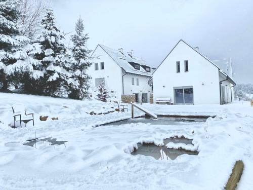 a white house with a yard covered in snow at Usedlost U lípy Blatiny in Sněžné